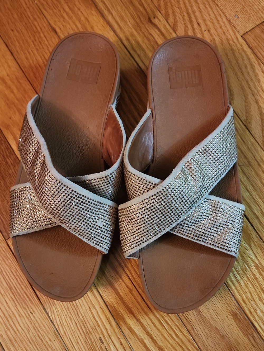 Fitflop Lulu  Glitterball Crystal Embellished Crisscross Slide Sandals in Gold